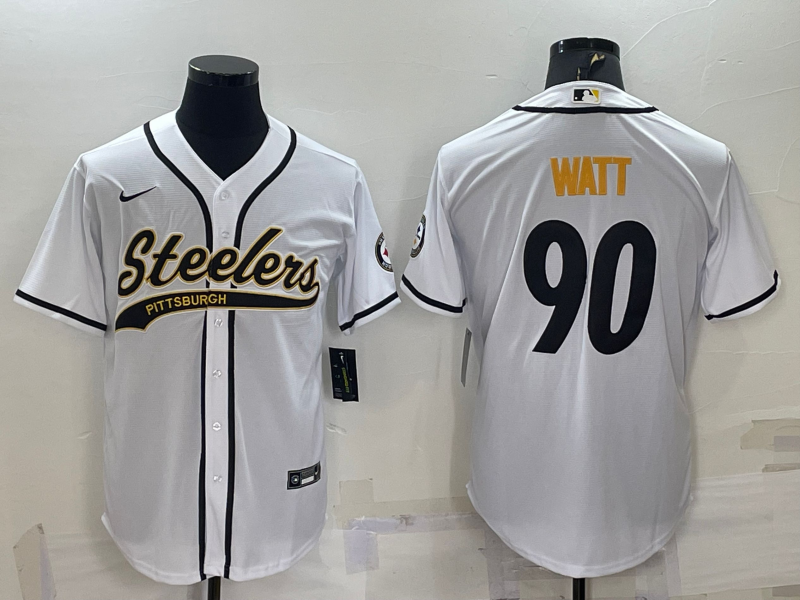 Men's Pittsburgh Steelers #90 T.J. Watt White With Patch Cool Base Stitched Baseball Jersey Men's Pittsburgh Steelers #90 T.J. Watt White With Patch Cool Base Stitched Baseball Jersey